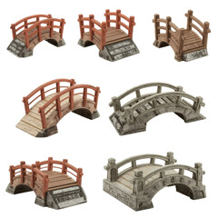 Set of various rustic wooden and stone arch pedestrian bridges, 3D rendering game assets