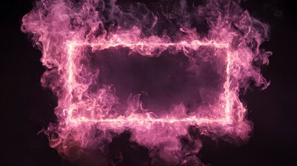 A vibrant rectangle of radiant pink smoke forms a frame. It emits a soft glow, contrasted by a dark backdrop. The design feels dynamic and abstract