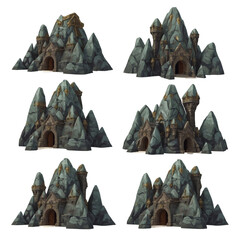 Set of fantasy stone mountain fortresses and rocky strongholds with wooden gates, 3D rendering game assets