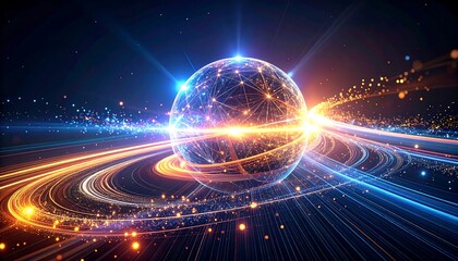 Futuristic sphere with connected lines and swirling light trails