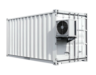 White corrugated shipping container with attached outdoor AC unit