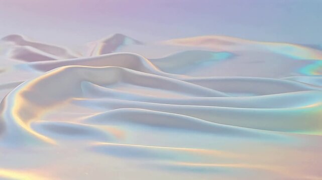 Soft, shimmering sand dunes undulate under a serene, pastel sky