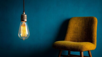 Vintage Edison Bulb Illuminates Cozy Yellow Chair Against Teal Wall.