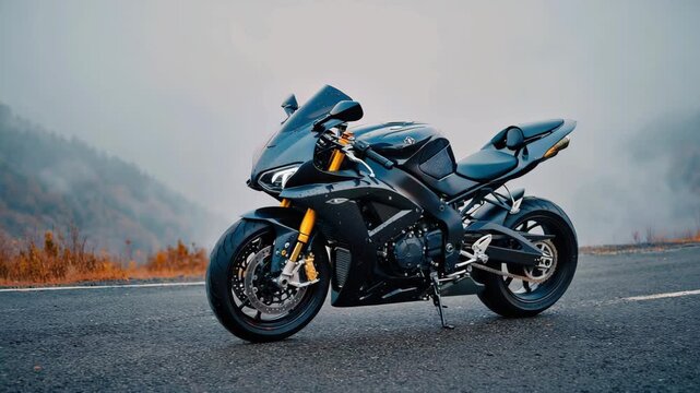 Sleek black sportbike parked on a mountain road with a dramatic backdrop of foggy hills and autumn foliage, 4K video.
