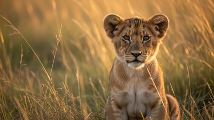 Obraz premium Young african lion in golden savanna at sunrise with grasses