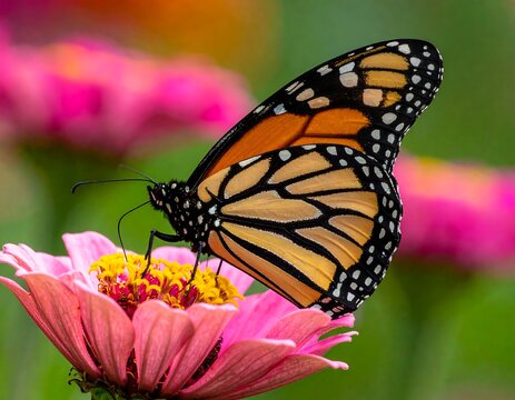 Monarch butterfly perched on a pink zinnia flower in vibrant close-up - Powered by Adobe