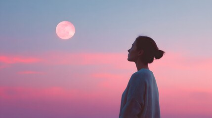 Woman Gazing at the Full Moon During a Vibrant Sunset.