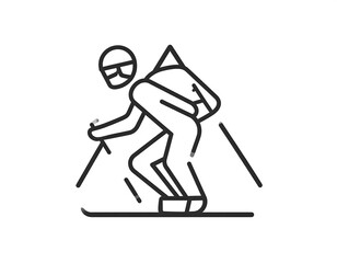Obraz premium Black & white minimalist illustration of a skier navigating a snowy slope. Outlined figure with backpack and poles