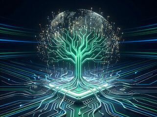 Glowing circuit tree with globe on modern tech background