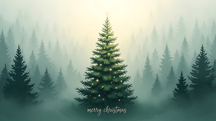 Fototapeta premium Merry christmas tree in a foggy forest with lights on branches