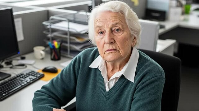Senior Woman in Office Setting Looking Thoughtful and Pensive Sitting at Desk