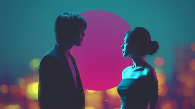 ネオンの微光と満月の逆光で向き合う日本人の男女、都会の夜の緊張感