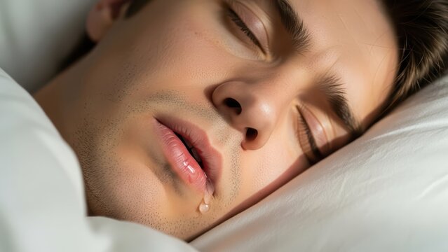 Caucasian young male sleeping peacefully with drool on pillow