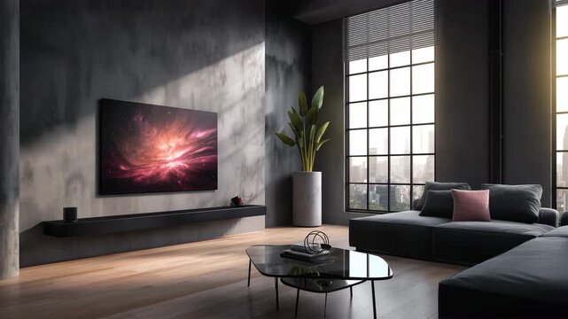ミニマルなスマートホームのリビングに壁面OLEDが浮かぶ未来感