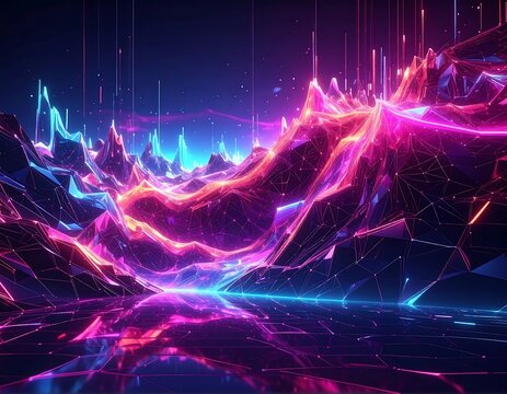 Geometric landscape with vibrant pink and blue neon colors and reflections - Powered by Adobe