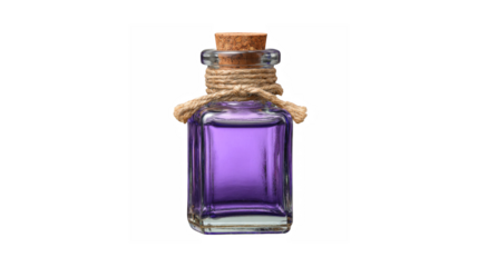 A small glass bottle containing vibrant purple liquid and cork stopper on a black background