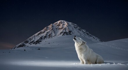 White wolf howling at night snowy mountain backdrop under a starry sky
