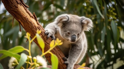 Young koala climbing eucalyptus tree in lush forest environment