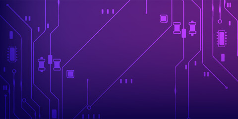Futuristic Circuit Board With Purple Hue And Microchip Connections In Modern Electronics