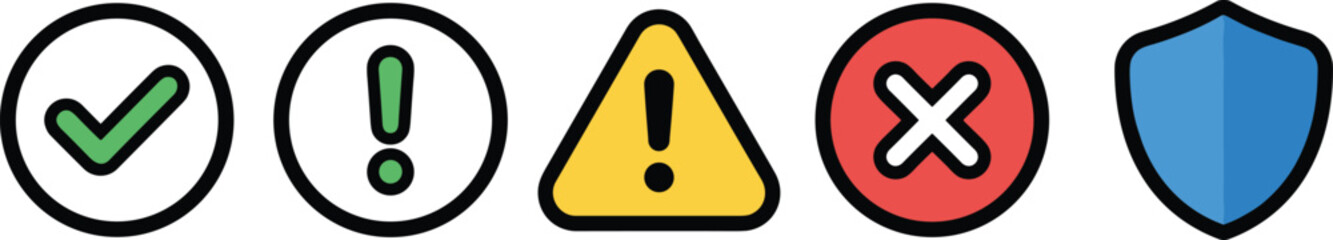 Obraz premium Status and security icons set with checkmark, warning alert, error symbol and shield representing approval, caution, denial and protection concepts