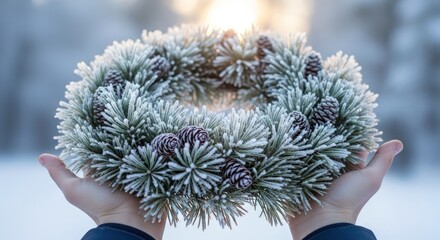Hands holding a frosted pinecone and pine needle wreath in a snowy outdoor setting.
