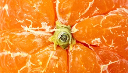 Bright, close-up photo shows the top view of a peeled tangerine, with its vivid orange segments and green stem