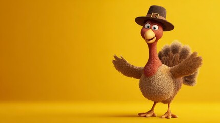 Animated turkey character, wearing a pilgrim hat, with arms outstretched, set against a vibrant yellow background