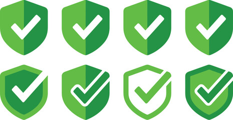 Green shield checkmark icons set symbolizing security, protection, verification, cybersecurity safety concepts isolated on white background vector illustration © Moksedul Creative