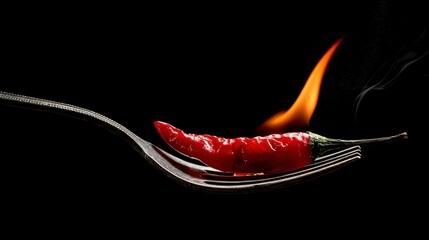 A vibrant red chili pepper, speared by a silver fork, bursts into flames against a stark black background