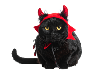 Black cat dressed as a devil for Halloween.