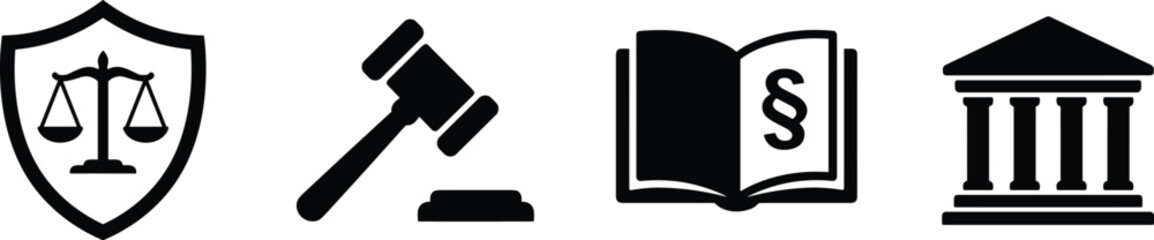 Legal justice icons set featuring shield scales gavel law book courthouse symbols for judiciary protection and legal system concept