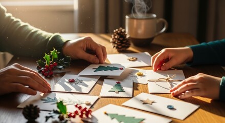 Fototapeta premium Two people's hands choosing Christmas cards on a wooden table with holiday decorations and a cup of