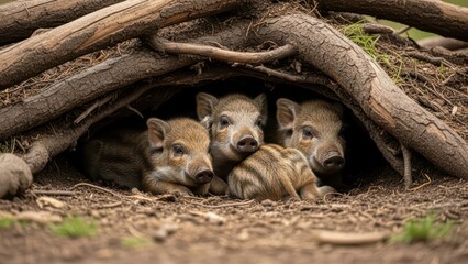 Wild boar piglets resting under tree roots in forest habitat