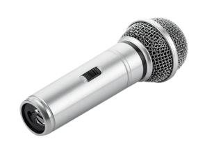 Silver Microphone with On-Off Switch Isolated on White Background.