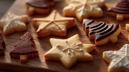 close-up of Christmas cookies shaped like stars and trees on wooden board,