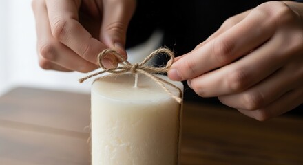 Close-up of hands tying a bow around a white candle on a wooden table