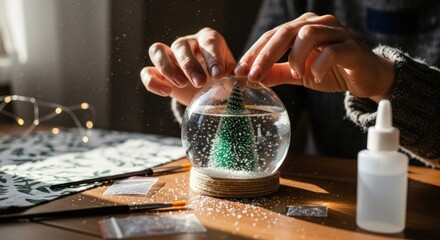 Close-up of hands holding a mini Christmas tree in a glass globe on a wooden table with festive