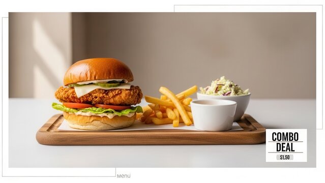 Minimalist side angle restaurant menu promotion showcasing fried chicken burger combo