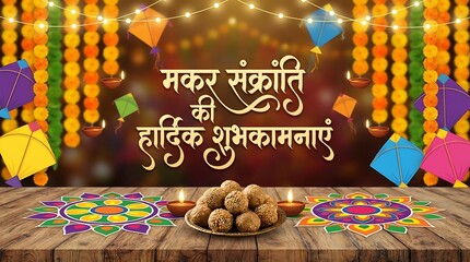 Makar Sankranti Greeting Design with Kites, Sun and Festive Elements