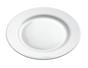 A clean white ceramic plate on a white background.