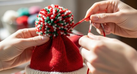 Close-up of hands knitting a red Christmas hat with a pom-pom on a blurred background