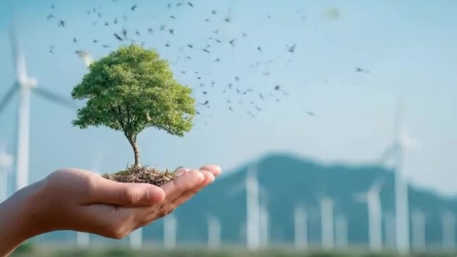 A human hand gently supports a miniature, vibrant green tree complete with visible roots and soil, symbolizing nurturing and new beginnings. In the dynamic background, a flock of birds soars across a 