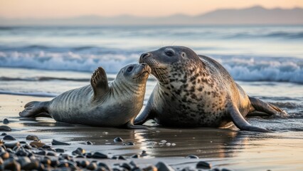 Obraz premium Mother seal and pup on beach at sunrise with ocean waves and golden light