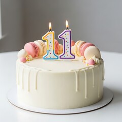 Birthday cake with candles number eleven and macarons on white background