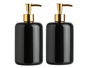 Two sleek black dispenser bottles with gold pumps