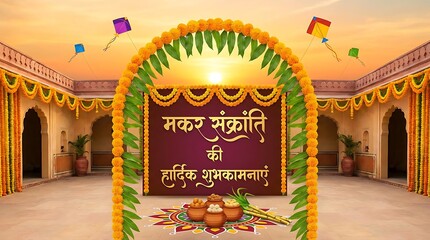 Happy Makar Sankranti Indian Harvest Festival Traditional Illustration