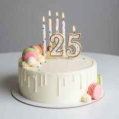 Birthday cake with candles number twenty five and macarons on white table