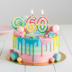 Brightly colored rainbow drip cake celebrating sixtieth birthday