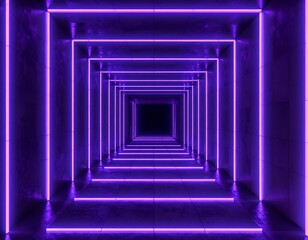 Abstract geometric corridor glowing with vibrant violet neon light