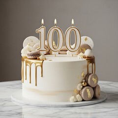 One hundredth anniversary cake with gold drip and large candles